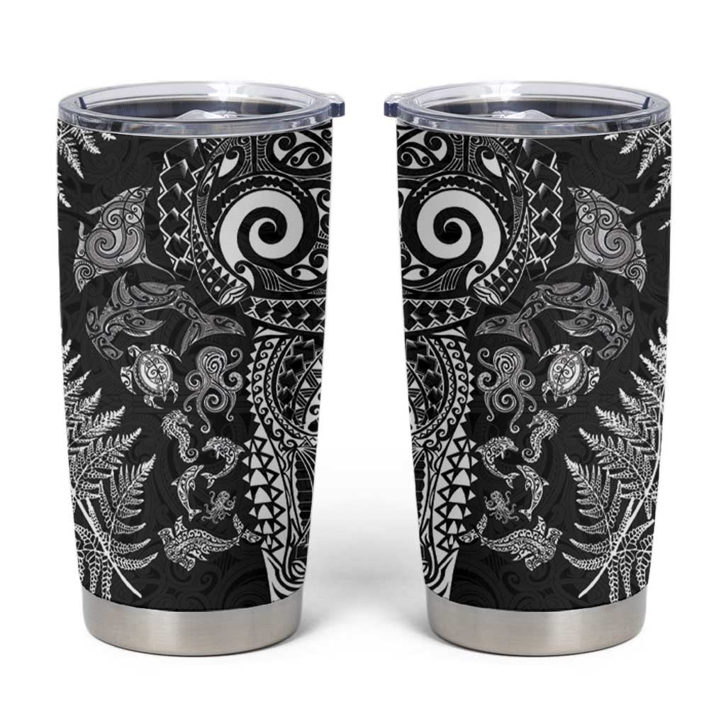 New Zealand Sea Animals Tumbler Cup with Maori Koru Tribal Tattoo and Silver Ferns Black Color LT03 Black - Polynesian Pride