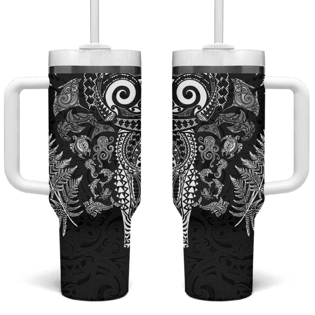 New Zealand Sea Animals Tumbler With Handle with Maori Koru Tribal Tattoo and Silver Ferns Black Color LT03 One Size: 40 oz Black - Polynesian Pride