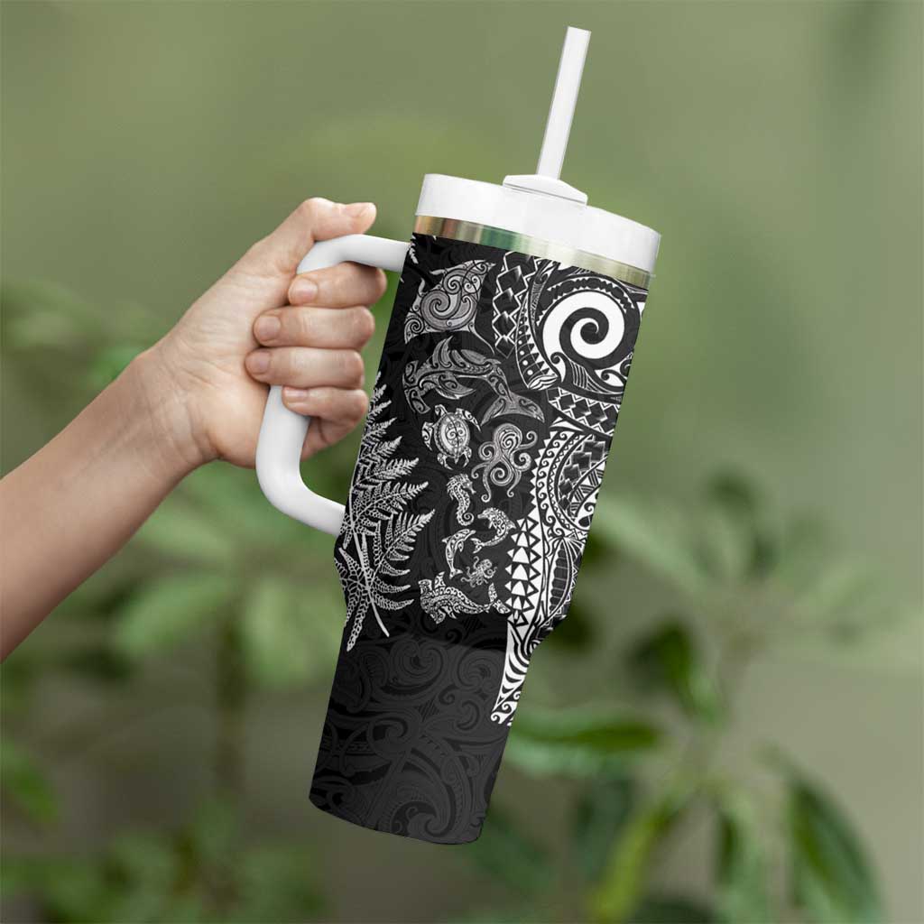 New Zealand Sea Animals Tumbler With Handle with Maori Koru Tribal Tattoo and Silver Ferns Black Color LT03 - Polynesian Pride
