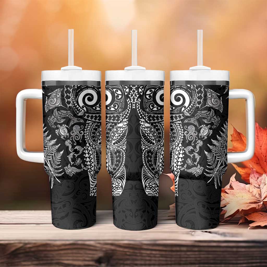 New Zealand Sea Animals Tumbler With Handle with Maori Koru Tribal Tattoo and Silver Ferns Black Color LT03 - Polynesian Pride