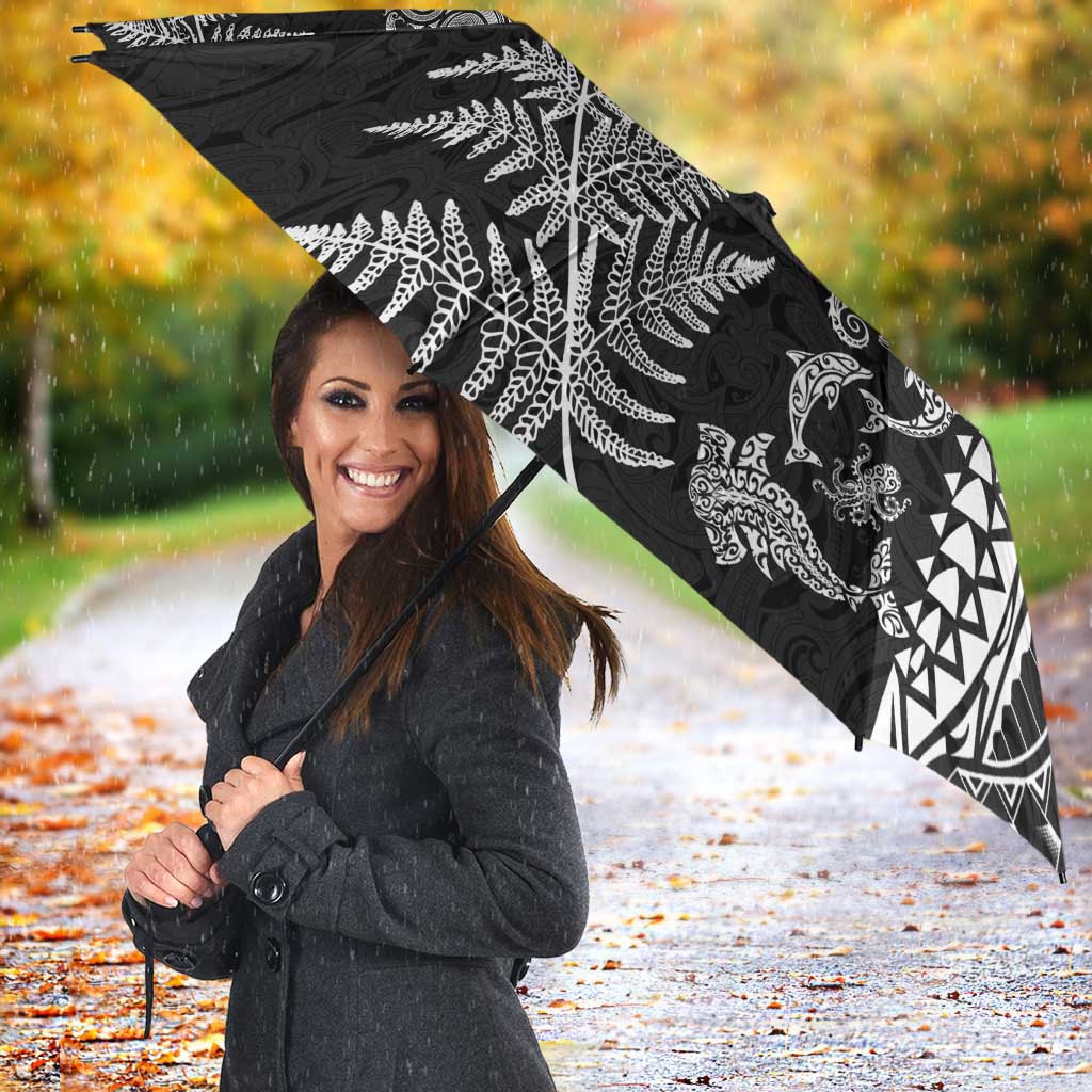 New Zealand Sea Animals Umbrella with Maori Koru Tribal Tattoo and Silver Ferns Black Color LT03 - Polynesian Pride