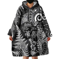 New Zealand Sea Animals Wearable Blanket Hoodie with Maori Koru Tribal Tattoo and Silver Ferns Black Color LT03 - Polynesian Pride