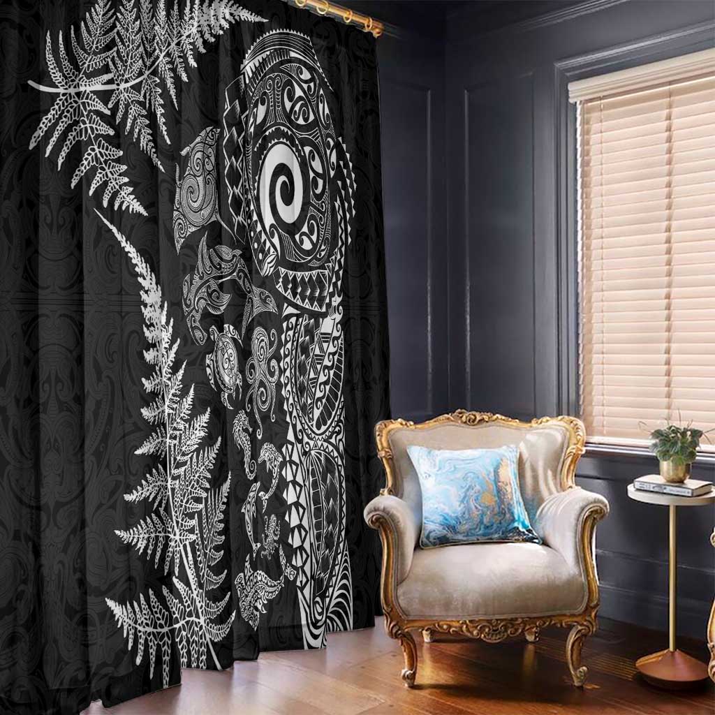 New Zealand Sea Animals Window Curtain with Maori Koru Tribal Tattoo and Silver Ferns Black Color LT03 - Polynesian Pride
