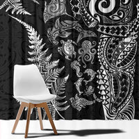 New Zealand Sea Animals Window Curtain with Maori Koru Tribal Tattoo and Silver Ferns Black Color LT03 - Polynesian Pride