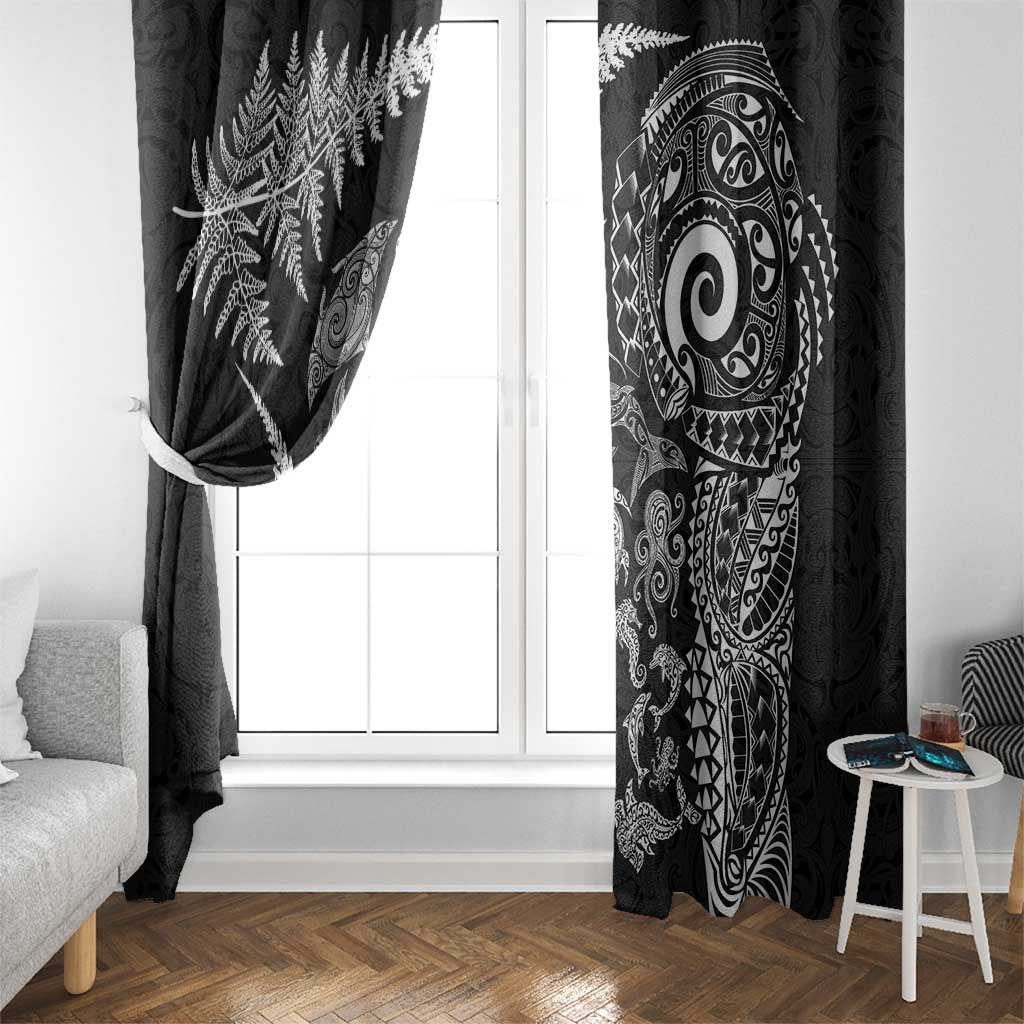 New Zealand Sea Animals Window Curtain with Maori Koru Tribal Tattoo and Silver Ferns Black Color LT03 - Polynesian Pride