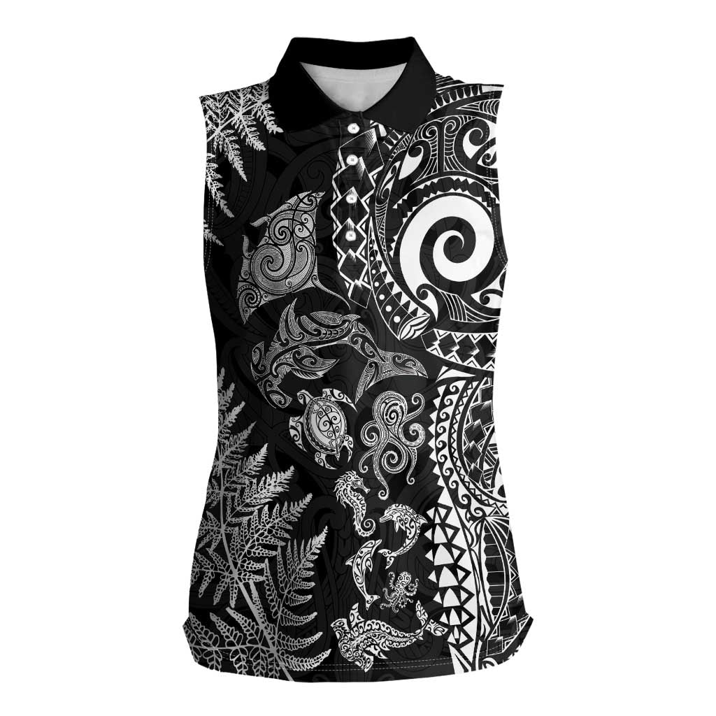 New Zealand Sea Animals Women Sleeveless Polo Shirt with Maori Koru Tribal Tattoo and Silver Ferns Black Color LT03 Female Black - Polynesian Pride
