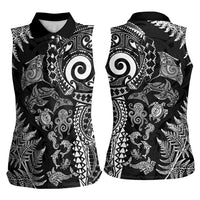 New Zealand Sea Animals Women Sleeveless Polo Shirt with Maori Koru Tribal Tattoo and Silver Ferns Black Color LT03 - Polynesian Pride