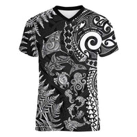 New Zealand Sea Animals Women V-Neck T-Shirt with Maori Koru Tribal Tattoo and Silver Ferns Black Color LT03 Female Black - Polynesian Pride