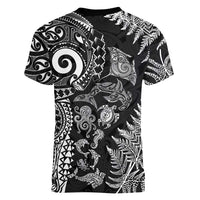 New Zealand Sea Animals Women V-Neck T-Shirt with Maori Koru Tribal Tattoo and Silver Ferns Black Color LT03 - Polynesian Pride