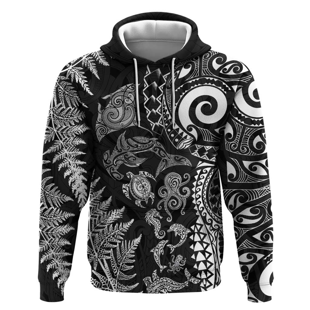 New Zealand Sea Animals Zip Hoodie with Maori Koru Tribal Tattoo and Silver Ferns Black Color LT03 Pullover Hoodie Black - Polynesian Pride