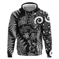 New Zealand Sea Animals Zip Hoodie with Maori Koru Tribal Tattoo and Silver Ferns Black Color LT03 Pullover Hoodie Black - Polynesian Pride