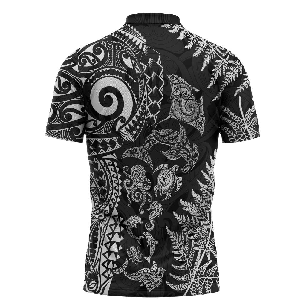 New Zealand Sea Animals Zipper Polo Shirt with Maori Koru Tribal Tattoo and Silver Ferns Black Color LT03 - Polynesian Pride
