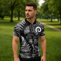 New Zealand Sea Animals Zipper Polo Shirt with Maori Koru Tribal Tattoo and Silver Ferns Black Color LT03 - Polynesian Pride