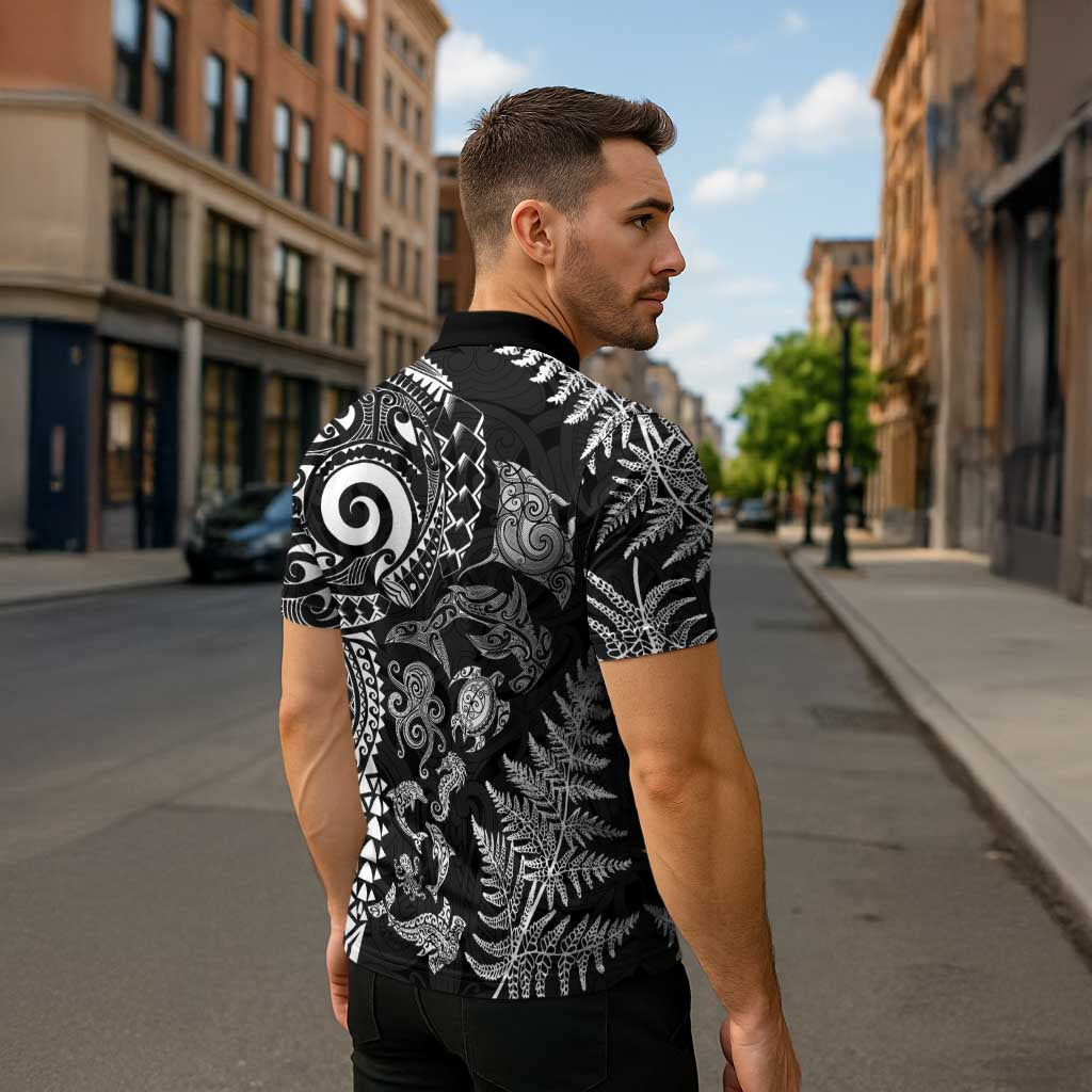 New Zealand Sea Animals Zipper Polo Shirt with Maori Koru Tribal Tattoo and Silver Ferns Black Color LT03 - Polynesian Pride