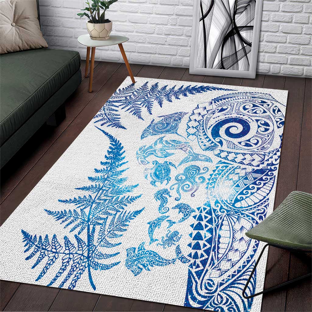 New Zealand Sea Animals Area Rug with Maori Koru Tribal Tattoo and Silver Ferns Galaxy Style LT03 Multicolor - Polynesian Pride