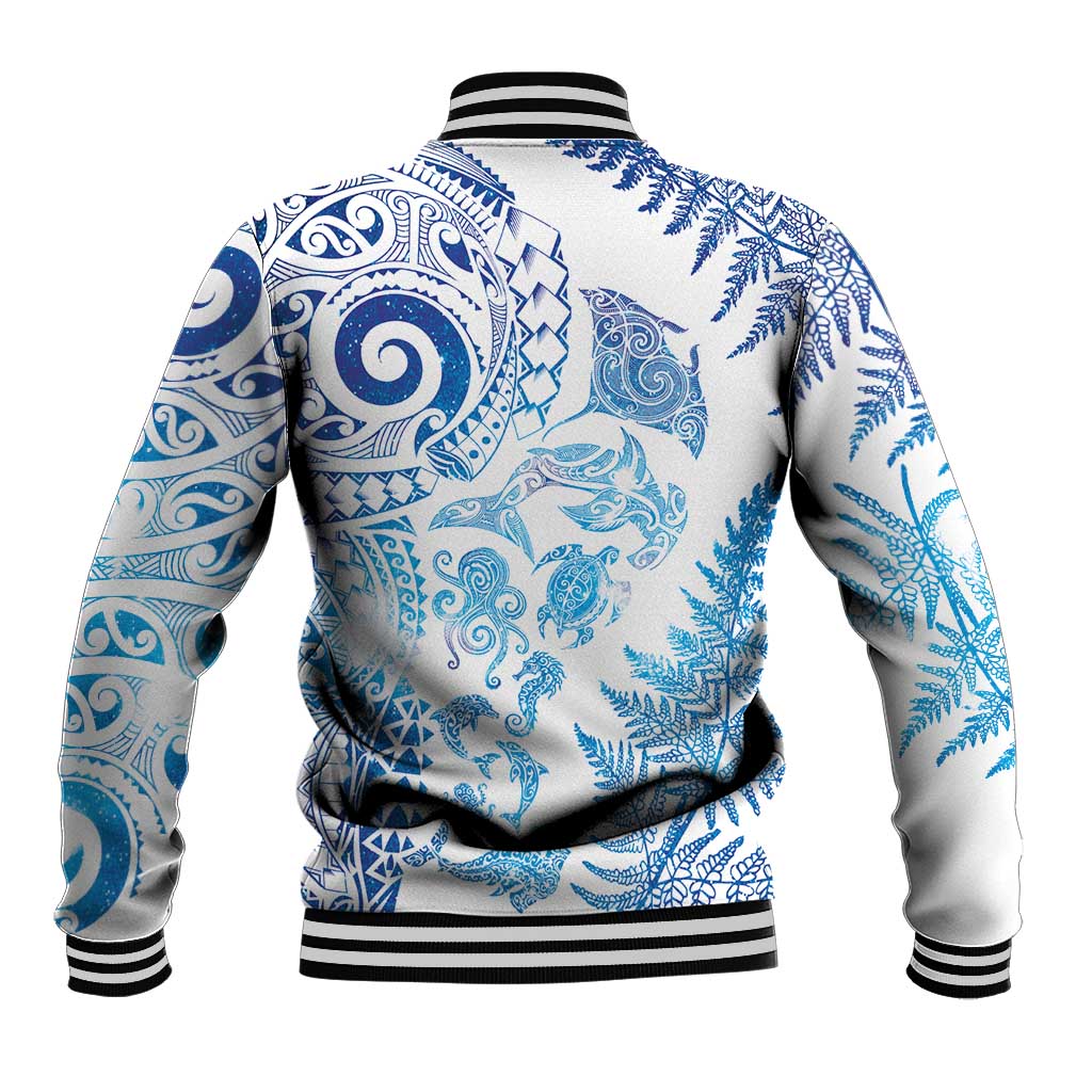 New Zealand Sea Animals Baseball Jacket with Maori Koru Tribal Tattoo and Silver Ferns Galaxy Style