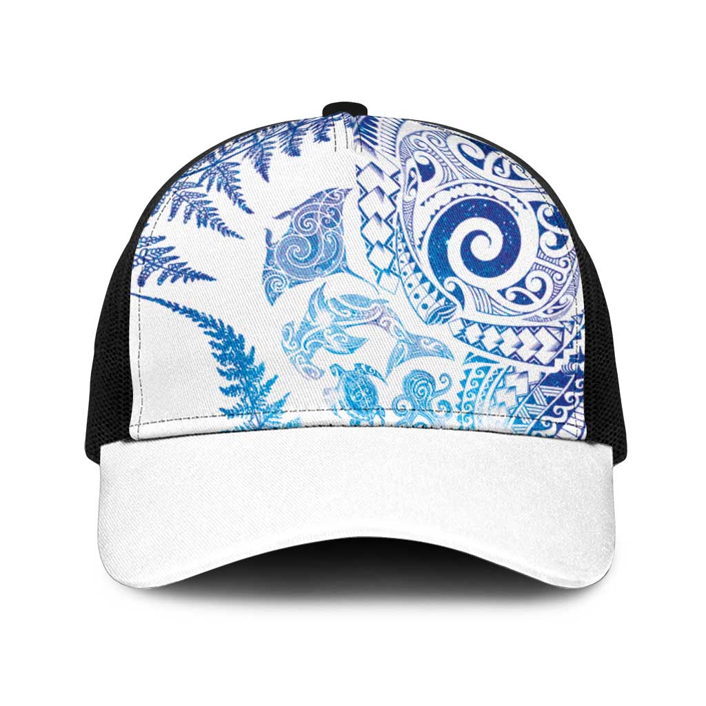 New Zealand Sea Animals Baseball Net Cap with Maori Koru Tribal Tattoo and Silver Ferns Galaxy Style