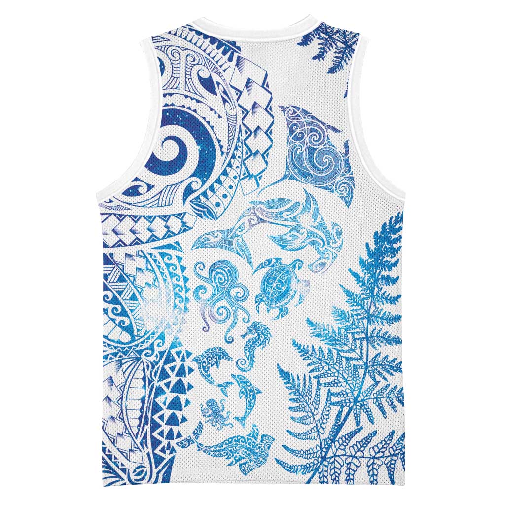 New Zealand Sea Animals Basketball Jersey with Maori Koru Tribal Tattoo and Silver Ferns Galaxy Style LT03 - Polynesian Pride