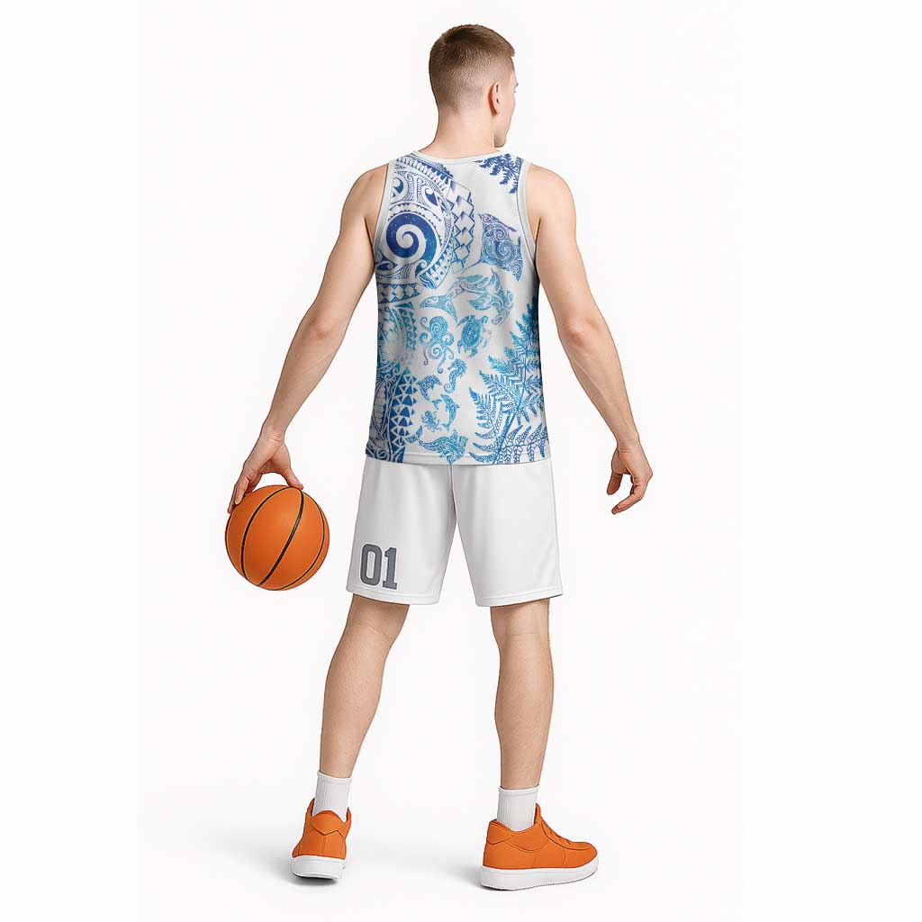 New Zealand Sea Animals Basketball Jersey with Maori Koru Tribal Tattoo and Silver Ferns Galaxy Style LT03 - Polynesian Pride