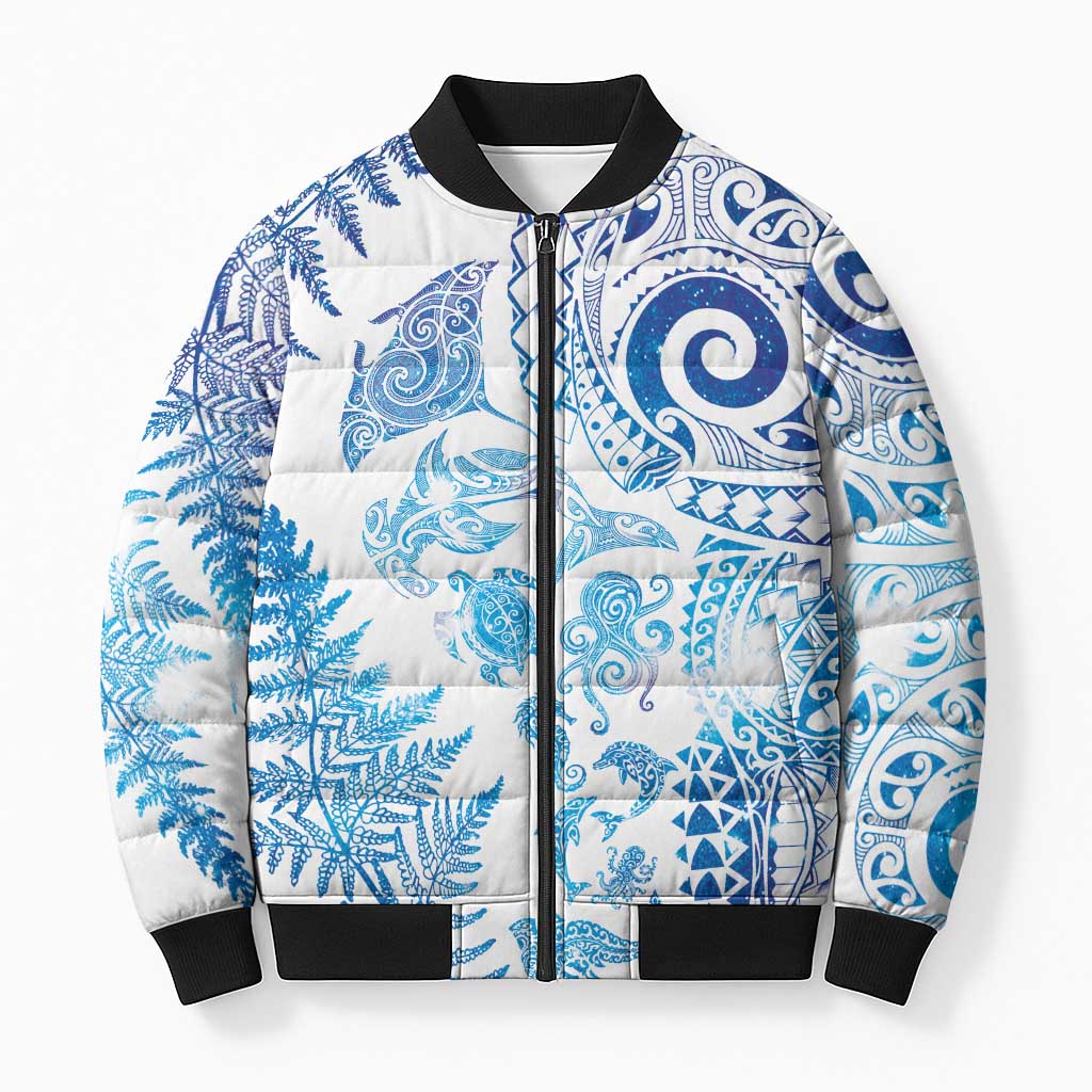New Zealand Sea Animals Bomber Puffer Jacket with Maori Koru Tribal Tattoo and Silver Ferns Galaxy Style