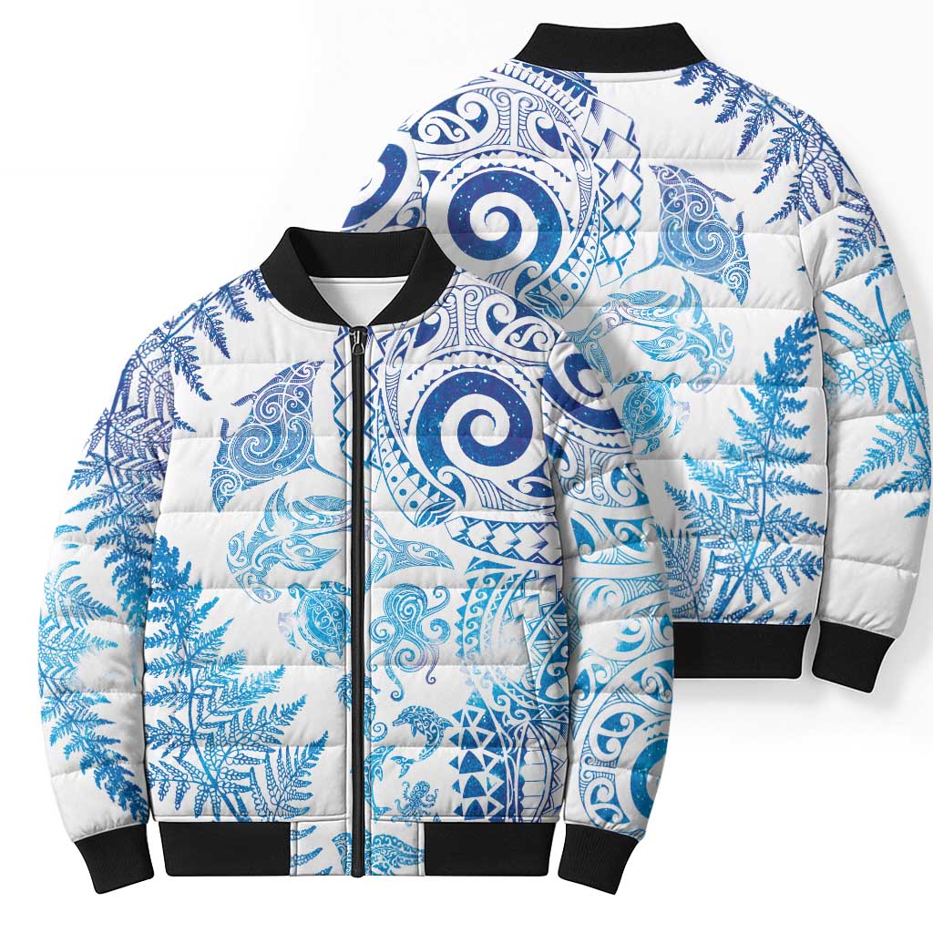 New Zealand Sea Animals Bomber Puffer Jacket with Maori Koru Tribal Tattoo and Silver Ferns Galaxy Style