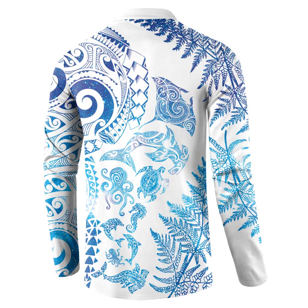 New Zealand Sea Animals Button Sweatshirt with Maori Koru Tribal Tattoo and Silver Ferns Galaxy Style