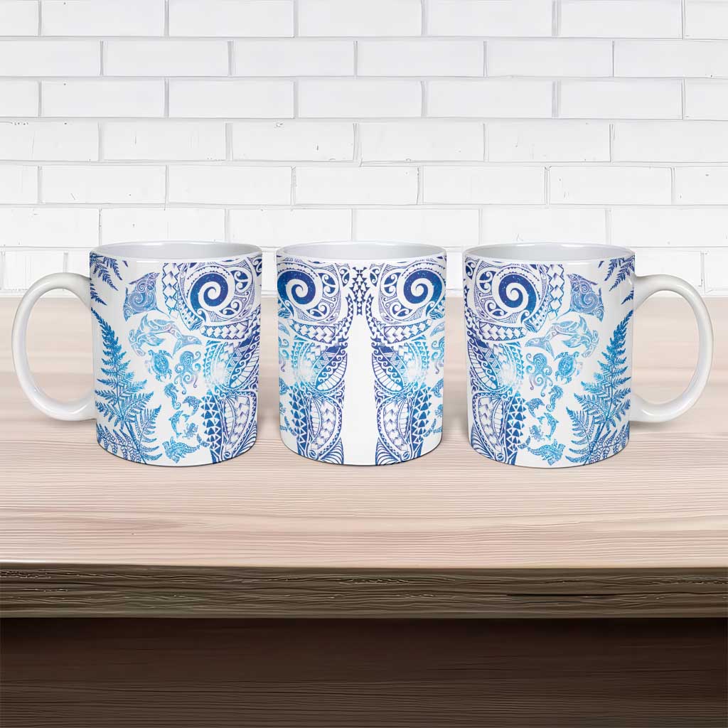 New Zealand Sea Animals Ceramic Mug with Maori Koru Tribal Tattoo and Silver Ferns Galaxy Style