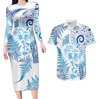New Zealand Sea Animals Couples Matching Long Sleeve Bodycon Dress and Hawaiian Shirt with Maori Koru Tribal Tattoo and Silver Ferns Galaxy Style LT03 Multicolor - Polynesian Pride