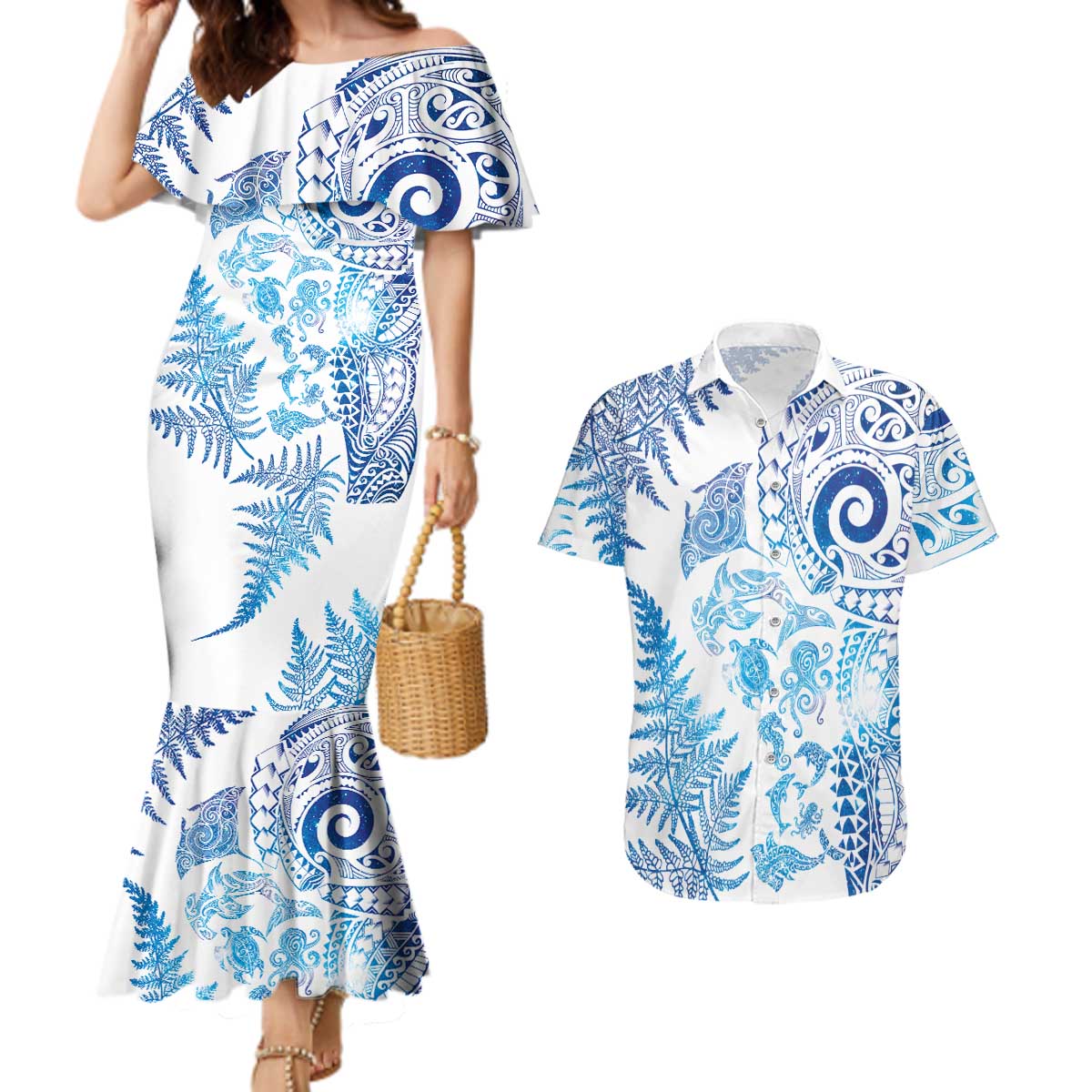 New Zealand Sea Animals Couples Matching Mermaid Dress and Hawaiian Shirt with Maori Koru Tribal Tattoo and Silver Ferns Galaxy Style