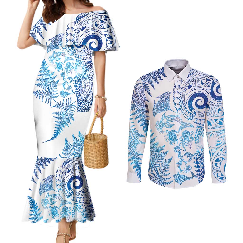 New Zealand Sea Animals Couples Matching Mermaid Dress and Long Sleeve Button Shirt with Maori Koru Tribal Tattoo and Silver Ferns Galaxy Style LT03 Multicolor - Polynesian Pride