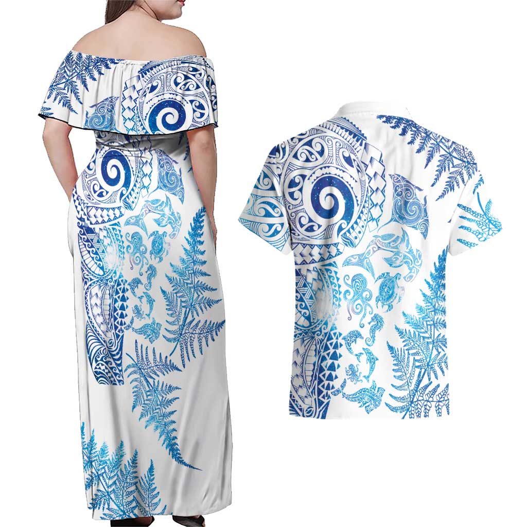 New Zealand Sea Animals Couples Matching Off Shoulder Maxi Dress and Hawaiian Shirt with Maori Koru Tribal Tattoo and Silver Ferns Galaxy Style LT03 - Polynesian Pride