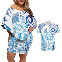 New Zealand Sea Animals Couples Matching Off Shoulder Short Dress and Hawaiian Shirt with Maori Koru Tribal Tattoo and Silver Ferns Galaxy Style LT03 Multicolor - Polynesian Pride