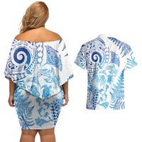 New Zealand Sea Animals Couples Matching Off Shoulder Short Dress and Hawaiian Shirt with Maori Koru Tribal Tattoo and Silver Ferns Galaxy Style LT03 - Polynesian Pride