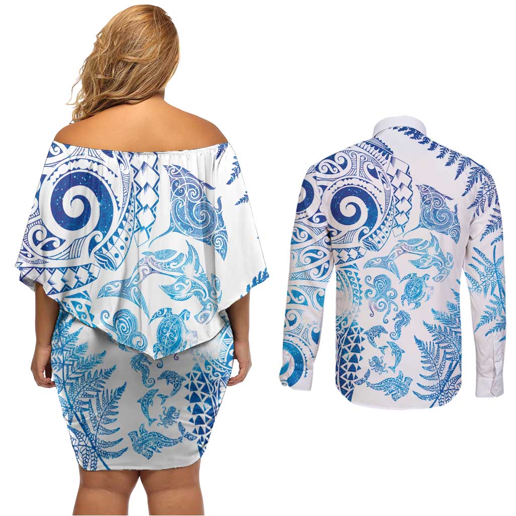 New Zealand Sea Animals Couples Matching Off Shoulder Short Dress and Long Sleeve Button Shirt with Maori Koru Tribal Tattoo and Silver Ferns Galaxy Style LT03 - Polynesian Pride