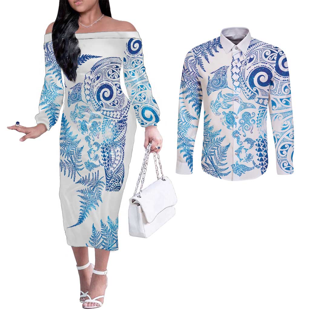 New Zealand Sea Animals Couples Matching Off The Shoulder Long Sleeve Dress and Long Sleeve Button Shirt with Maori Koru Tribal Tattoo and Silver Ferns Galaxy Style LT03 Multicolor - Polynesian Pride