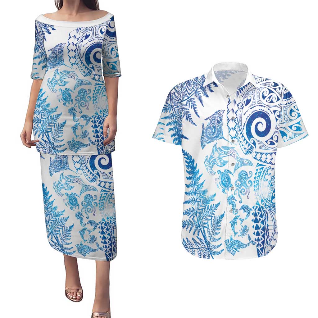 New Zealand Sea Animals Couples Matching Puletasi and Hawaiian Shirt with Maori Koru Tribal Tattoo and Silver Ferns Galaxy Style LT03 Multicolor - Polynesian Pride