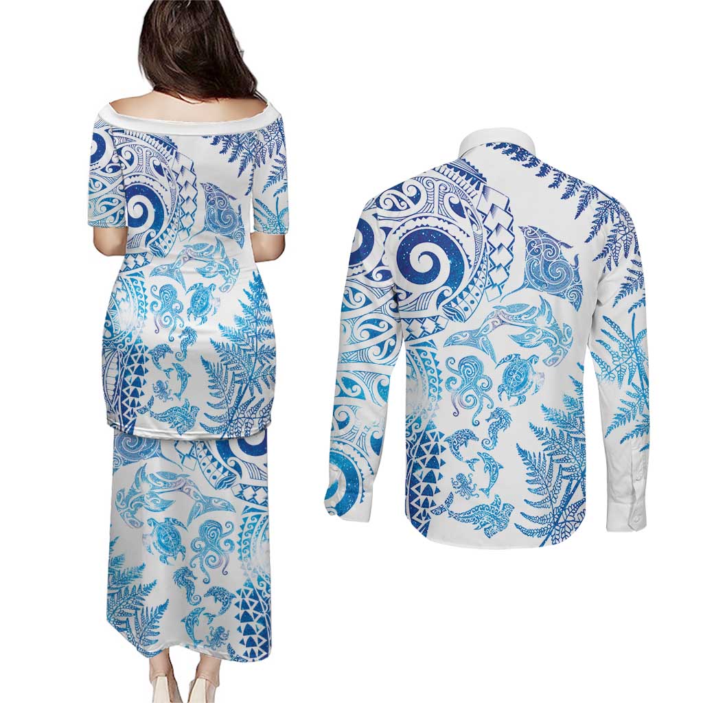 New Zealand Sea Animals Couples Matching Puletasi and Long Sleeve Button Shirt with Maori Koru Tribal Tattoo and Silver Ferns Galaxy Style LT03 - Polynesian Pride