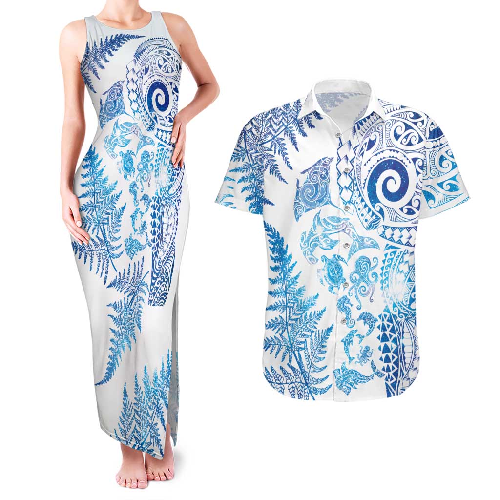 New Zealand Sea Animals Couples Matching Tank Maxi Dress and Hawaiian Shirt with Maori Koru Tribal Tattoo and Silver Ferns Galaxy Style LT03 Multicolor - Polynesian Pride