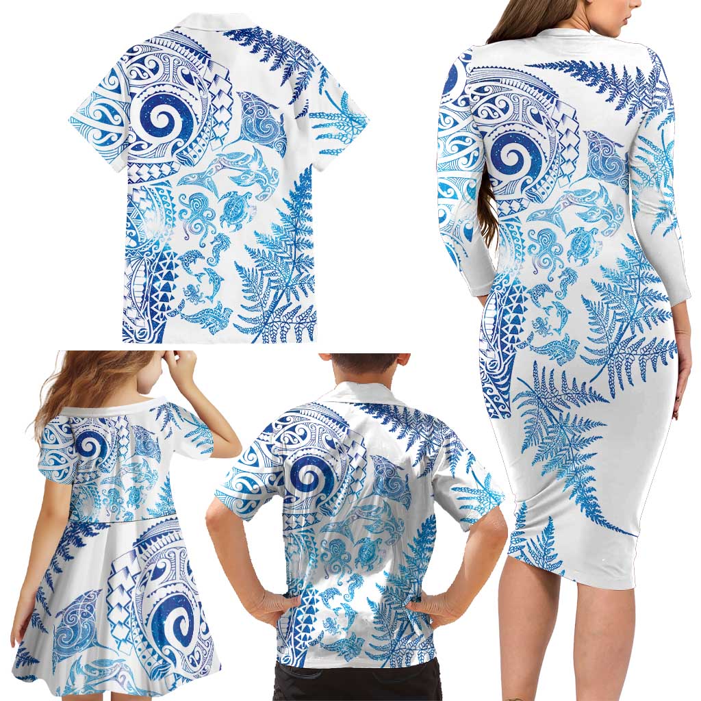 New Zealand Sea Animals Family Matching Long Sleeve Bodycon Dress and Hawaiian Shirt with Maori Koru Tribal Tattoo and Silver Ferns Galaxy Style LT03 - Polynesian Pride