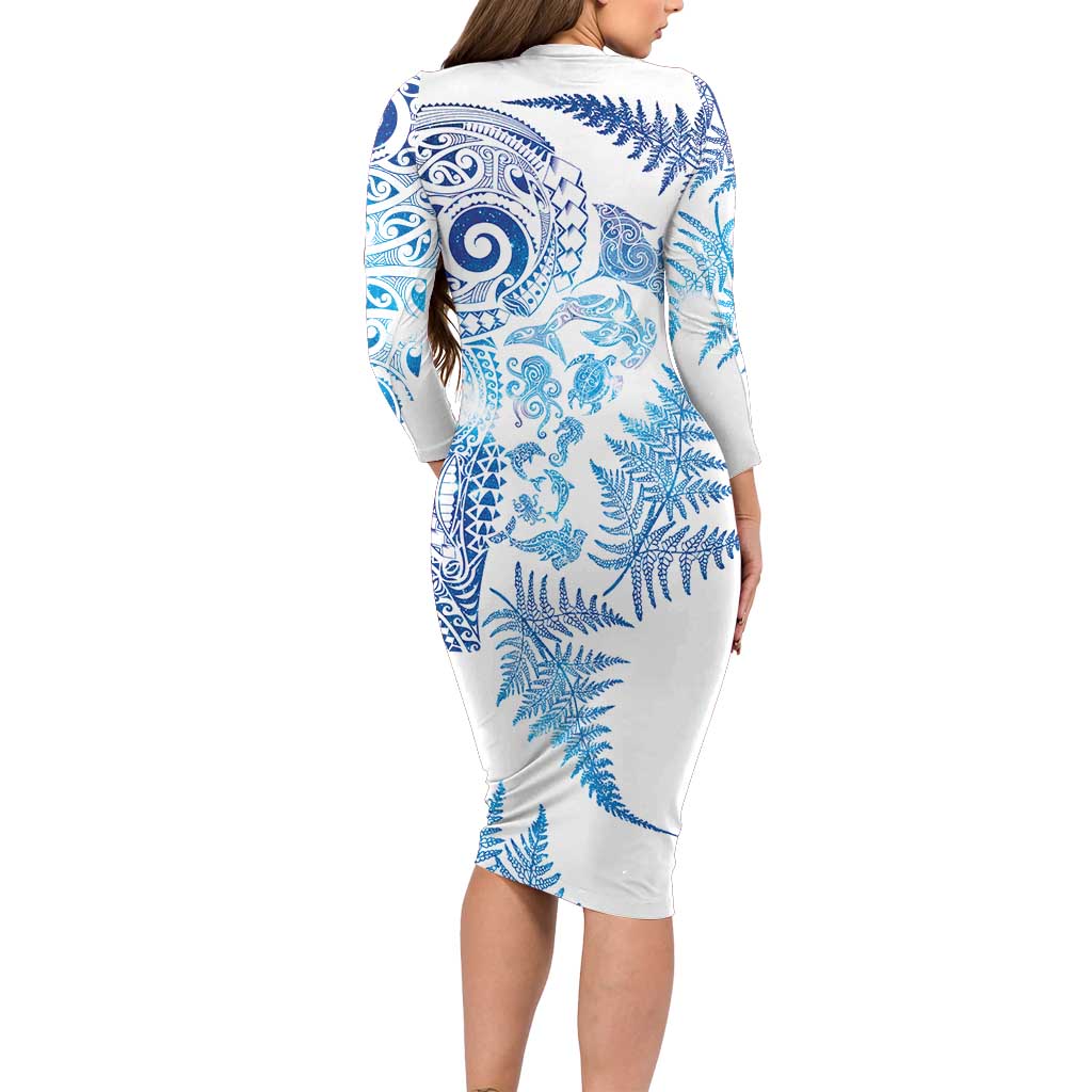 New Zealand Sea Animals Family Matching Long Sleeve Bodycon Dress and Hawaiian Shirt with Maori Koru Tribal Tattoo and Silver Ferns Galaxy Style LT03 - Polynesian Pride