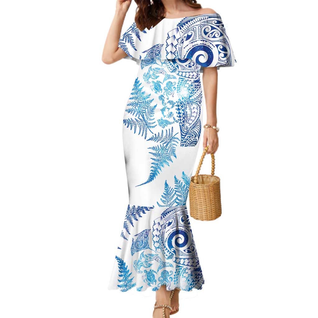 New Zealand Sea Animals Family Matching Mermaid Dress and Hawaiian Shirt with Maori Koru Tribal Tattoo and Silver Ferns Galaxy Style LT03 Mom's Dress Multicolor - Polynesian Pride