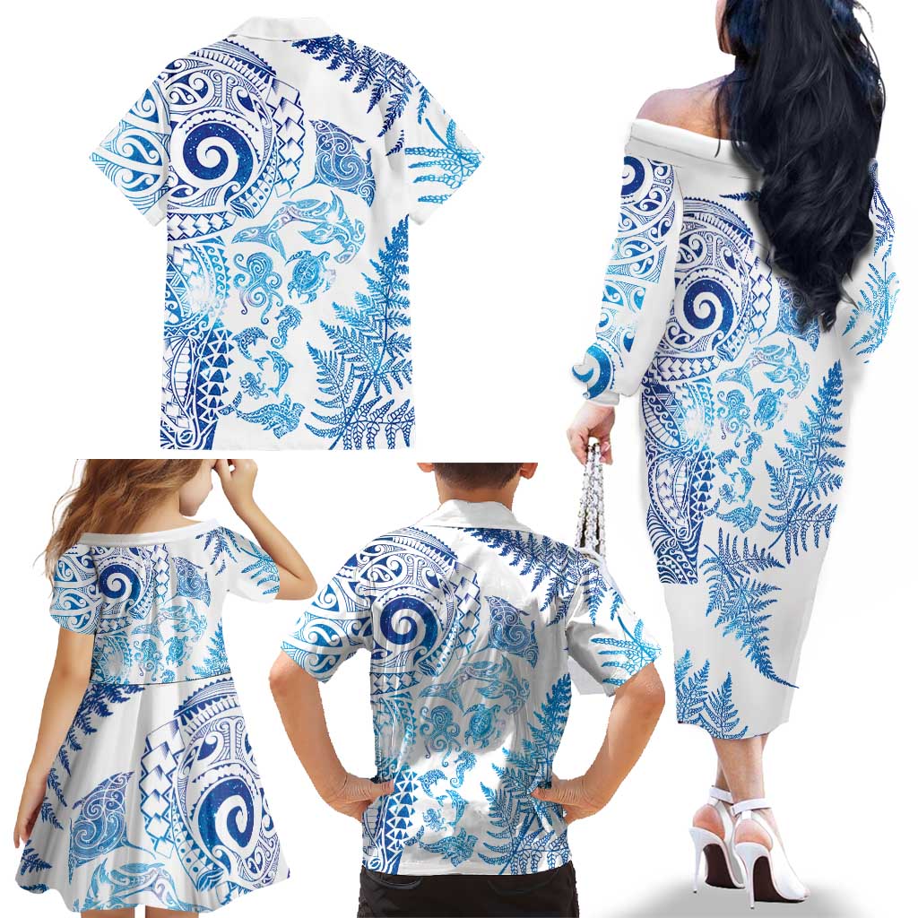New Zealand Sea Animals Family Matching Off The Shoulder Long Sleeve Dress and Hawaiian Shirt with Maori Koru Tribal Tattoo and Silver Ferns Galaxy Style LT03 - Polynesian Pride
