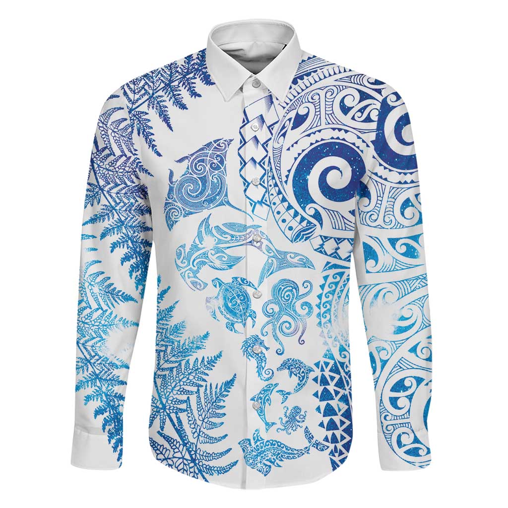 New Zealand Sea Animals Family Matching Off The Shoulder Long Sleeve Dress and Hawaiian Shirt with Maori Koru Tribal Tattoo and Silver Ferns Galaxy Style LT03 Dad's Shirt - Long Sleeve Multicolor - Polynesian Pride