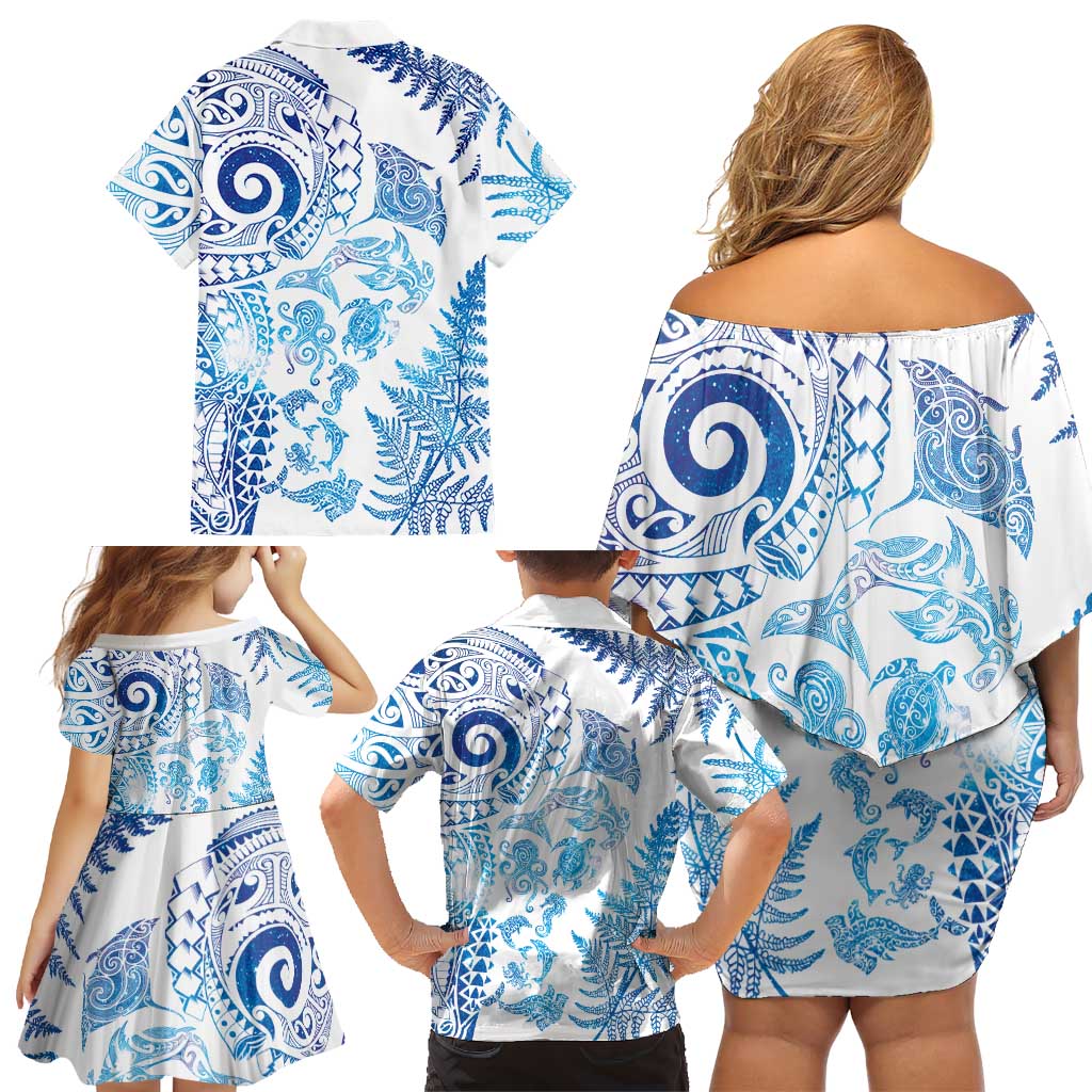 New Zealand Sea Animals Family Matching Off Shoulder Short Dress and Hawaiian Shirt with Maori Koru Tribal Tattoo and Silver Ferns Galaxy Style LT03 - Polynesian Pride