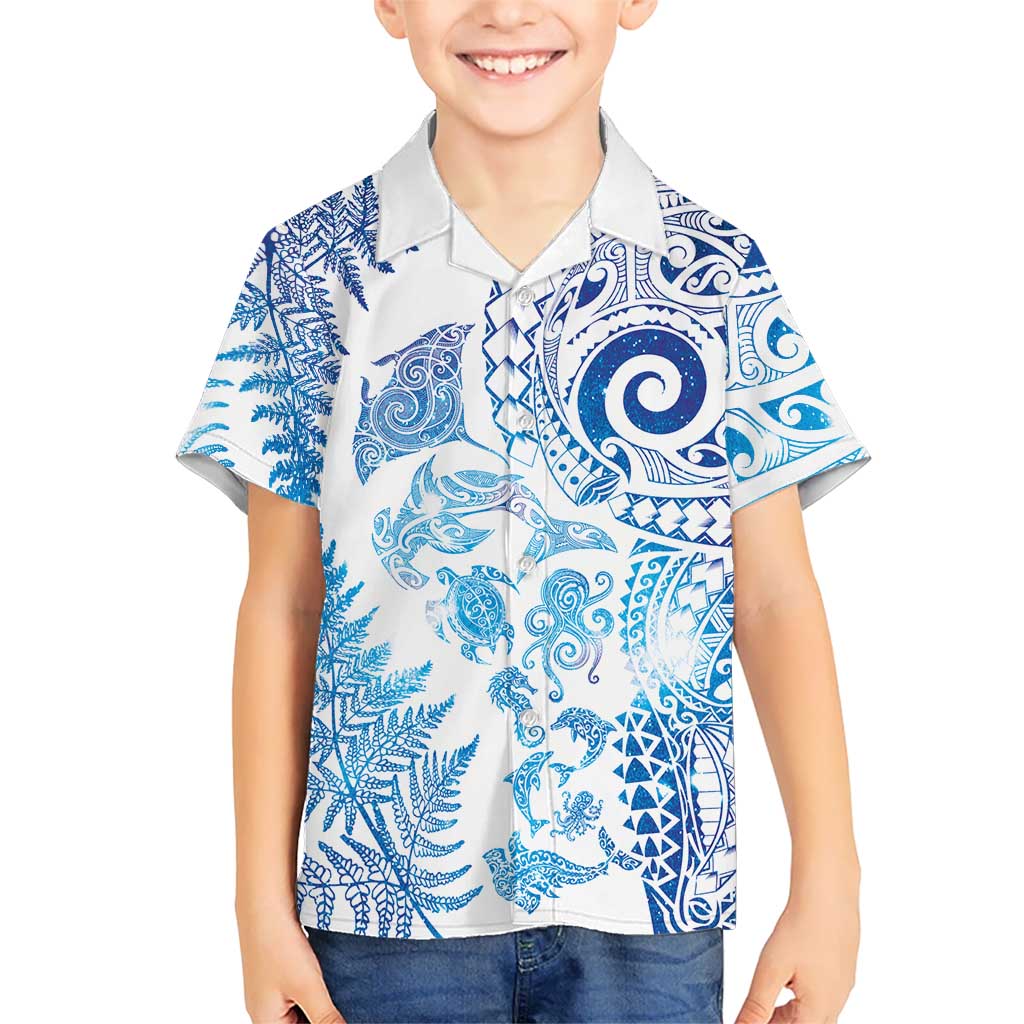 New Zealand Sea Animals Family Matching Puletasi and Hawaiian Shirt with Maori Koru Tribal Tattoo and Silver Ferns Galaxy Style LT03 Son's Shirt Multicolor - Polynesian Pride