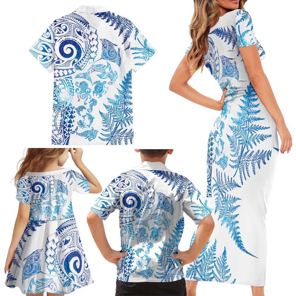 New Zealand Sea Animals Family Matching Short Sleeve Bodycon Dress and Hawaiian Shirt with Maori Koru Tribal Tattoo and Silver Ferns Galaxy Style LT03 - Polynesian Pride