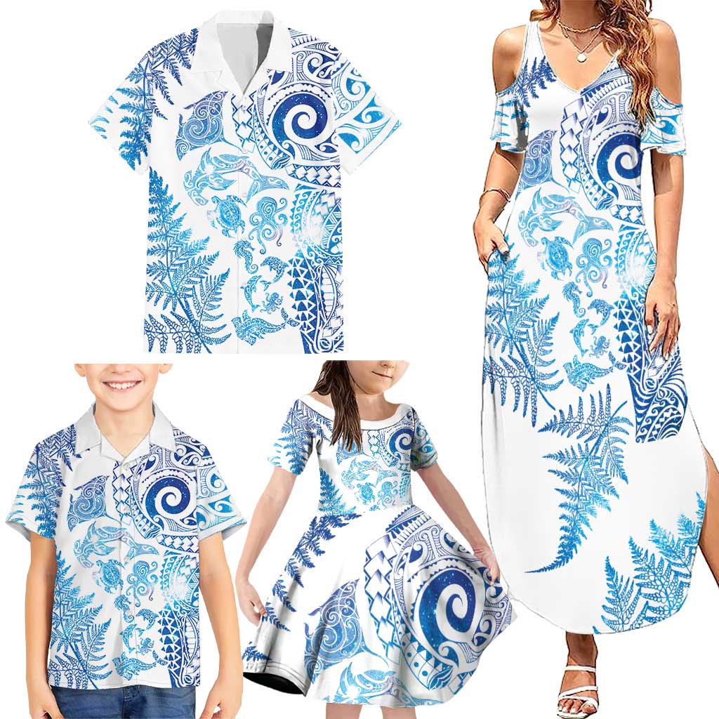 New Zealand Sea Animals Family Matching Summer Maxi Dress and Hawaiian Shirt with Maori Koru Tribal Tattoo and Silver Ferns Galaxy Style LT03 - Polynesian Pride