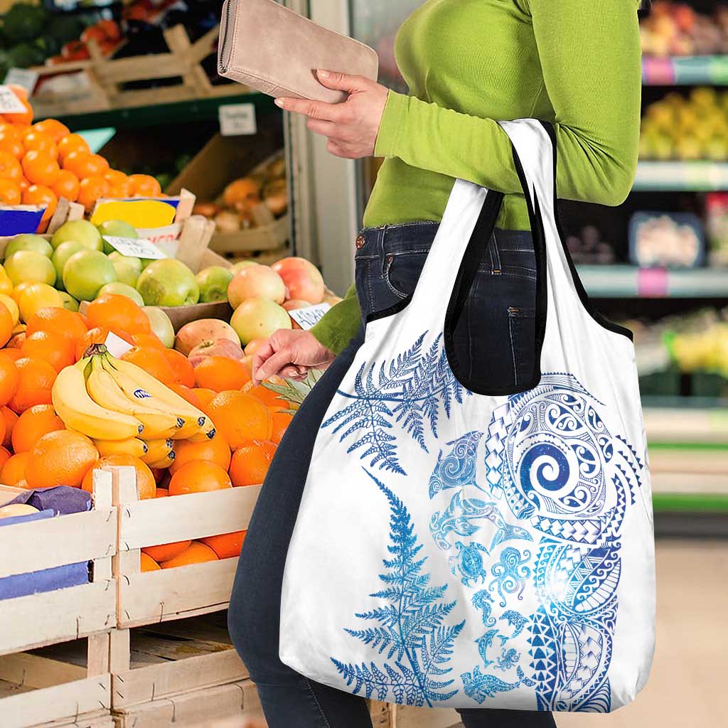 New Zealand Sea Animals Grocery Bag with Maori Koru Tribal Tattoo and Silver Ferns Galaxy Style LT03 - Polynesian Pride