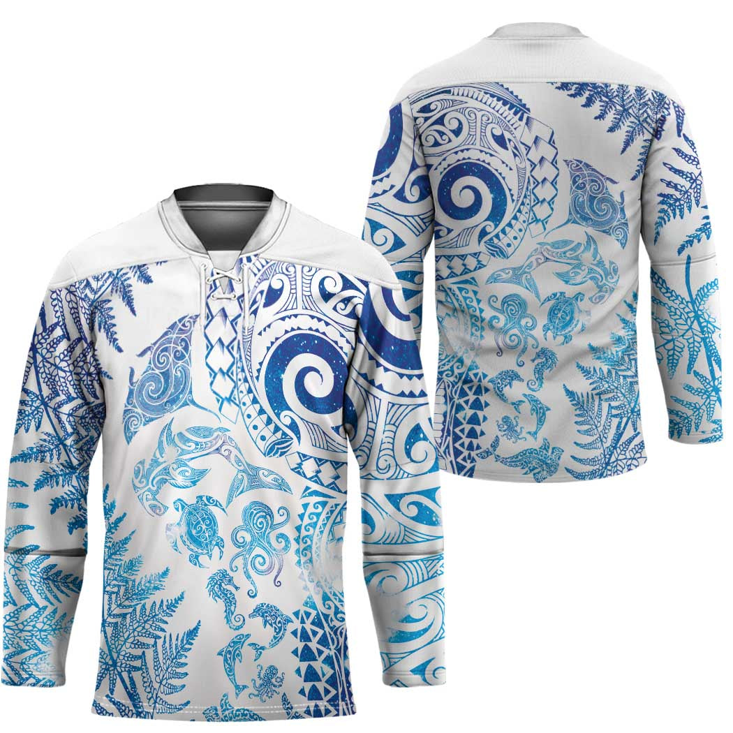 New Zealand Sea Animals Hockey Jersey with Maori Koru Tribal Tattoo and Silver Ferns Galaxy Style LT03 - Polynesian Pride
