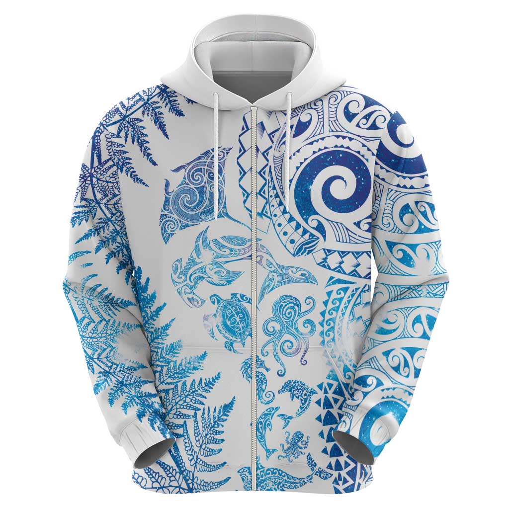 New Zealand Sea Animals Hoodie with Maori Koru Tribal Tattoo and Silver Ferns Galaxy Style LT03 - Polynesian Pride